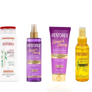 Restorex Speed ​​​​& Strong Haarverzorgingset – Shampoo voor droog haar 500ml + Haarconditioner crème 250 ml + Voeibare conditioner 200 ml + Haarverzorgingsolie 100ml – Herbal shampoo – bio haarverzorging – haarverzorging set